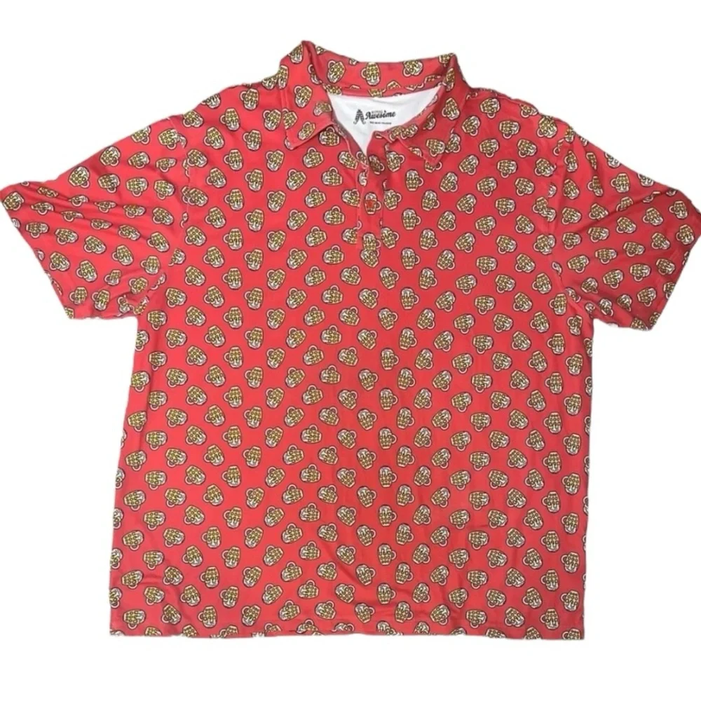 Royal and Awesome Polo Shirt 2XL Red All Over Beer Mugs Print Performance EUC